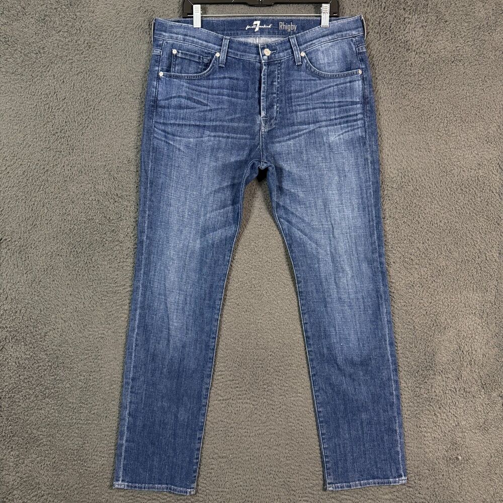 7 For All Mankind Jeans Mens 36x32 Blue Rhigby Straight Fit Button Fly Stretch